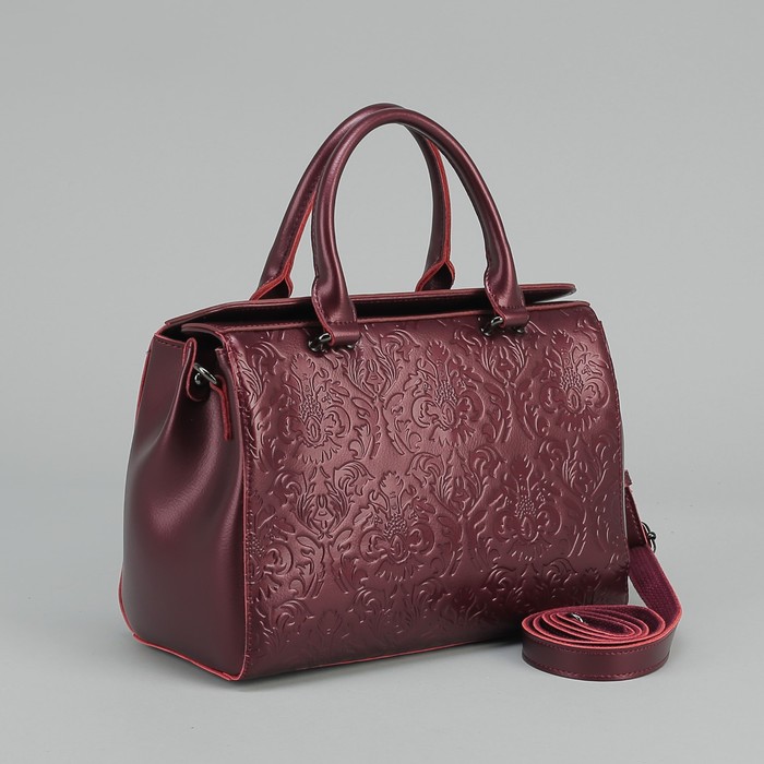 Сумка женская, 3 отдела на магните, наружный карман, длинный ремень, цвет бордовый перламутровый