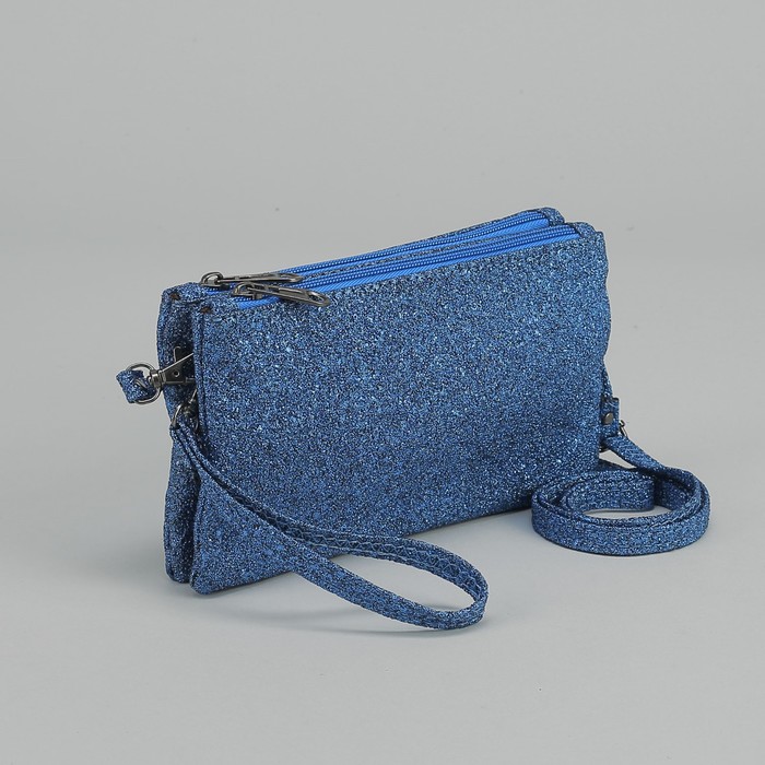 Клатч женский, 2 отдела на молниях, наружный карман, ручка, длинный ремень, цвет синий