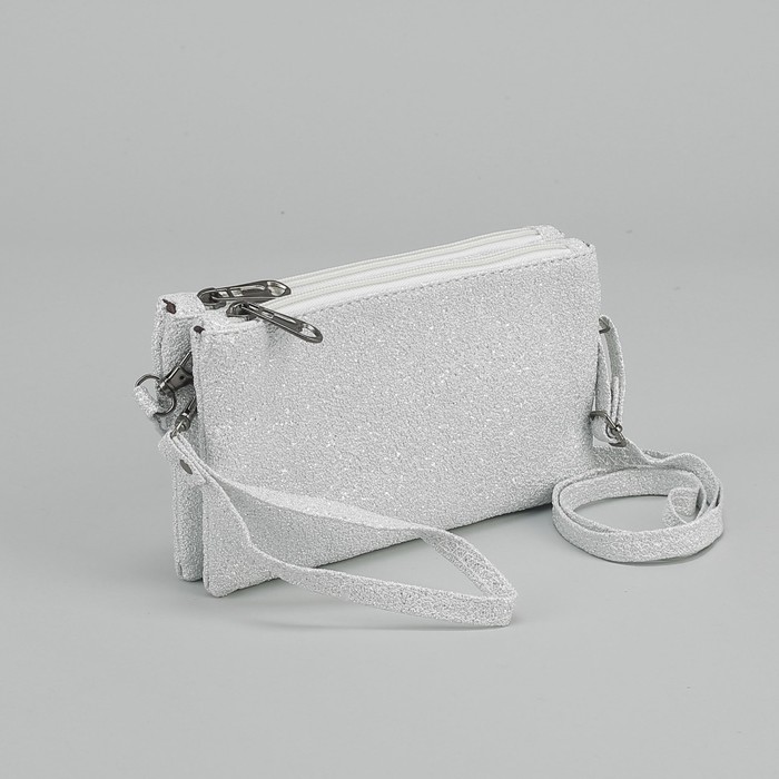 Клатч женский, 2 отдела на молниях, наружный карман, ручка, длинный ремень, цвет белый