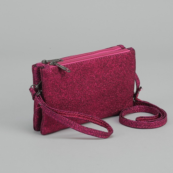 Клатч женский, 2 отдела на молниях, наружный карман, ручка, длинный ремень, цвет фиолетовый