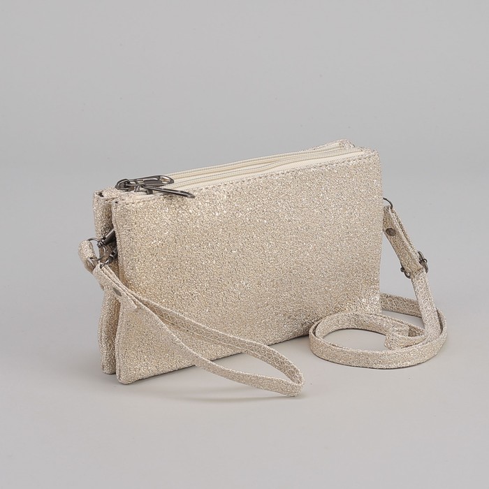 Клатч женский, 2 отдела на молниях, наружный карман, ручка, длинный ремень, цвет золотой