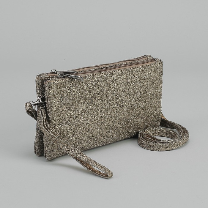 Клатч женский, 2 отдела на молниях, наружный карман, ручка, длинный ремень, цвет бронзовый