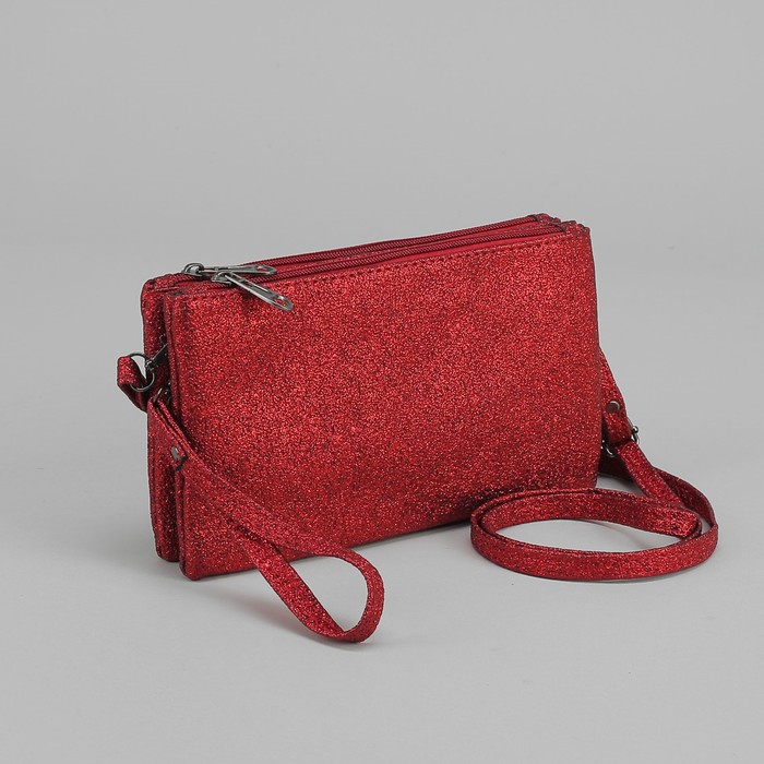 Клатч женский, 2 отдела на молниях, наружный карман, ручка, длинный ремень, цвет красный
