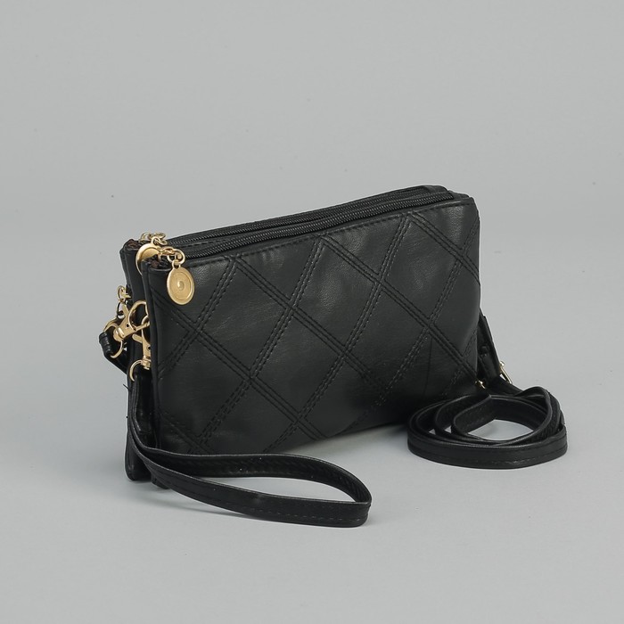 Клатч женский, 2 отдела на молниях, наружный карман, ручка, длинный ремень, цвет чёрный