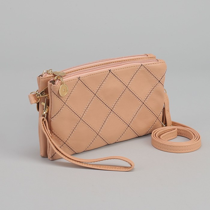 Клатч женский, 2 отдела на молниях, наружный карман, ручка, длинный ремень, цвет пудровый