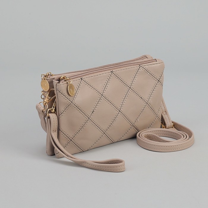 Клатч женский, 2 отдела на молниях, наружный карман, ручка, длинный ремень, цвет бежевый