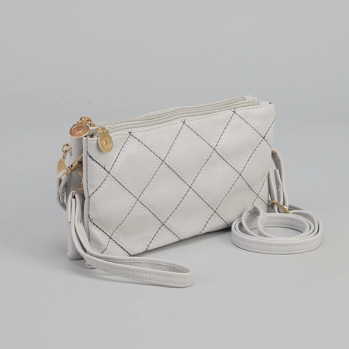 Клатч женский, 2 отдела на молниях, наружный карман, ручка, длинный ремень, цвет серый