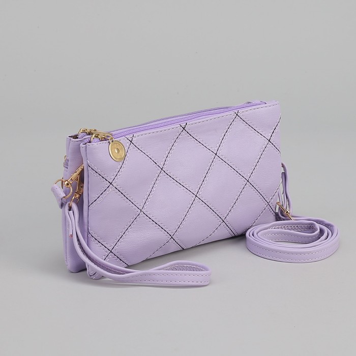 Клатч женский, 2 отдела на молниях, наружный карман, ручка, длинный ремень, цвет сиреневый