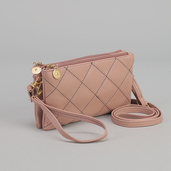 Клатч женский, 2 отдела на молниях, наружный карман, ручка, длинный ремень, цвет хаки