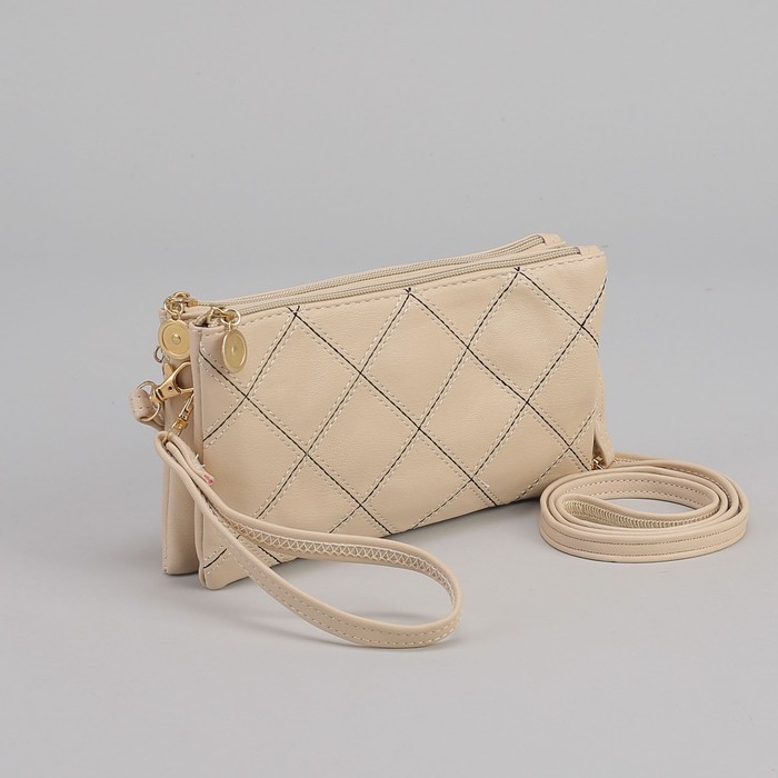 Клатч женский, 2 отдела на молниях, наружный карман, ручка, длинный ремень, цвет молочный