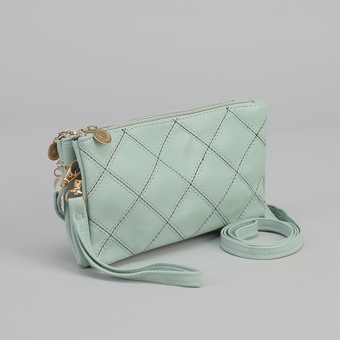 Клатч женский, 2 отдела на молниях, наружный карман, ручка, длинный ремень, цвет мятный