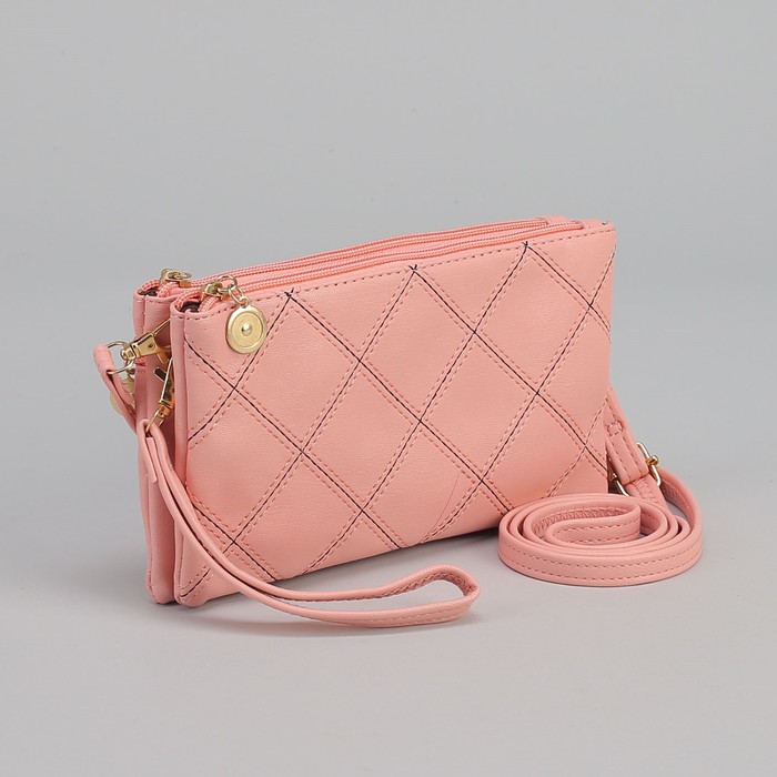 Клатч женский, 2 отдела на молниях, наружный карман, ручка, длинный ремень, цвет розовый