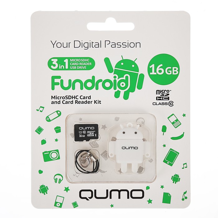 Карта памяти Qumo Fundroid MicroSD 3в1 16Гб Class 10 + USB картридер , белый