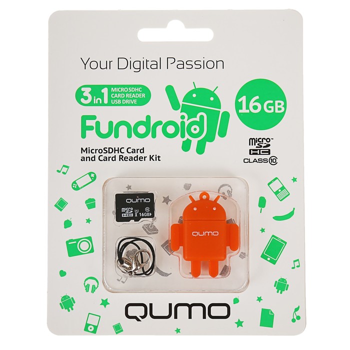 Карта памяти Qumo Fundroid MicroSD 3в1 16Гб Class 10 + USB картридер , оранжевый