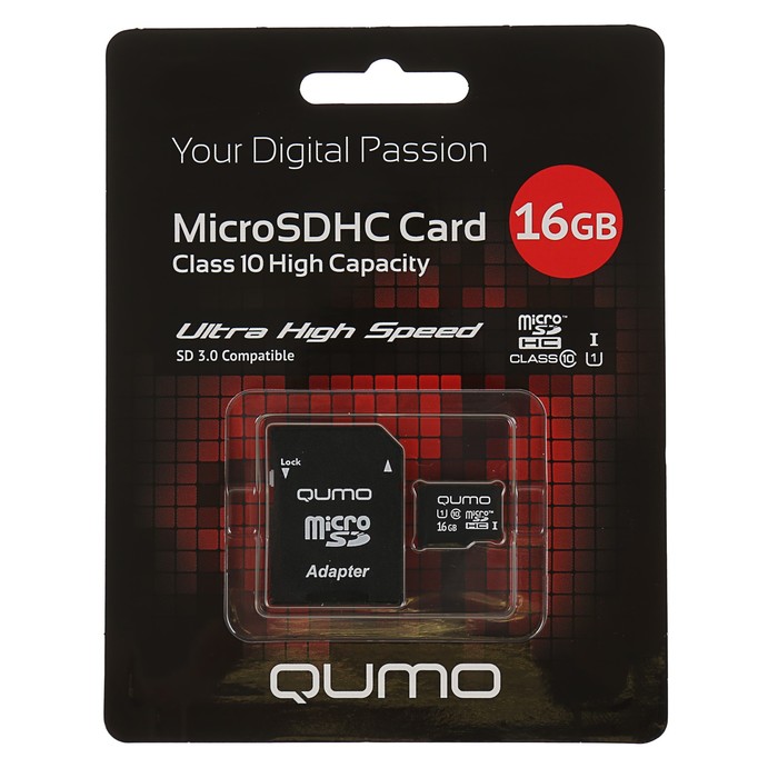 Карта памяти microSDHC Qumo 16 Гб class 10, UHS-I 3.0, с адаптером
