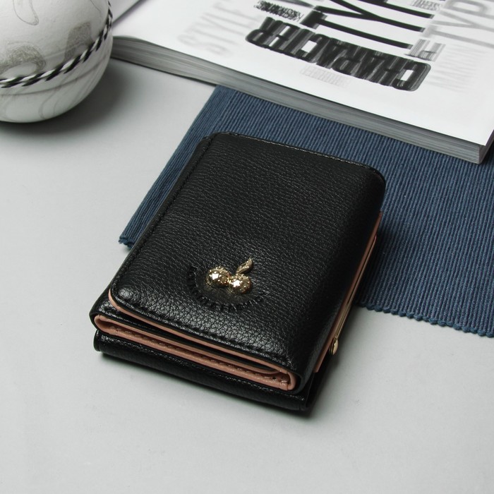 Кошелёк женский "Вишня", отдел для купюр, для карт, для монет, цвет чёрный