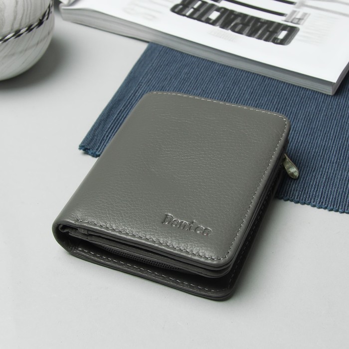 Кошелёк женский, 2 отдела, для карт, для монет, на кнопке, цвет серый