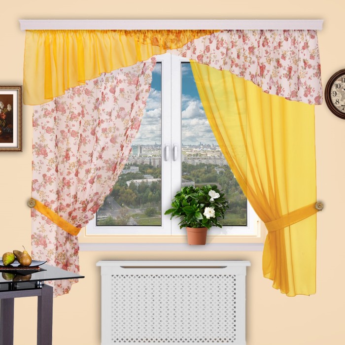 Шторы кухонные "Домино", 140х280 см-2 шт., ламбрекен 400х50 см, цвет 154