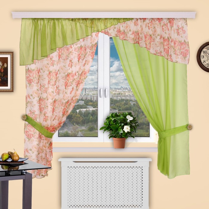Шторы кухонные "Домино", 140х280 см-2 шт., ламбрекен 400х50 см, цвет 146