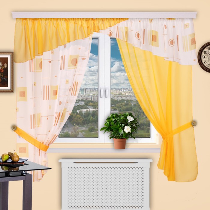 Шторы кухонные "Домино", 140х180 см-2 шт., ламбрекен 400х50 см, цвет 252