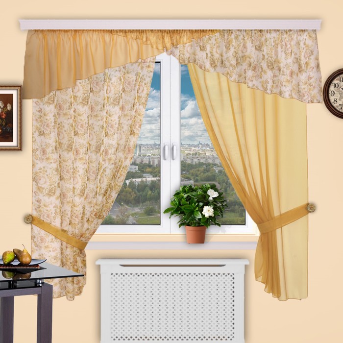 Шторы кухонные "Домино", 140х180 см-2 шт., ламбрекен 400х50 см, цвет 251