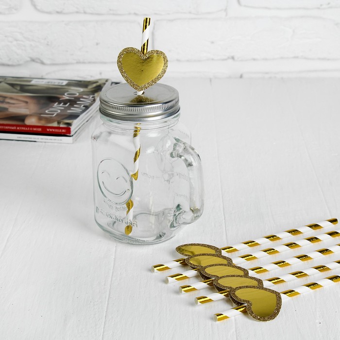 Трубочки для коктейля "Спиралька" с сердцем, цвет золото (набор 6 шт.)