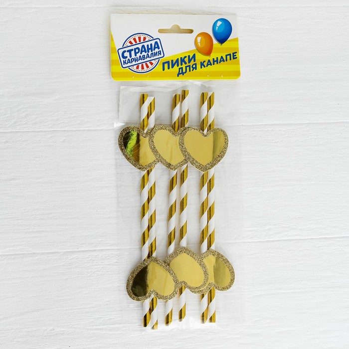 Трубочки для коктейля "Спиралька" с сердцем, цвет золото (набор 6 шт.)