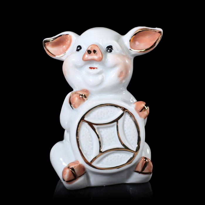 Сувенир керамика "Белый поросёнок с монетой" 8х5х5 см