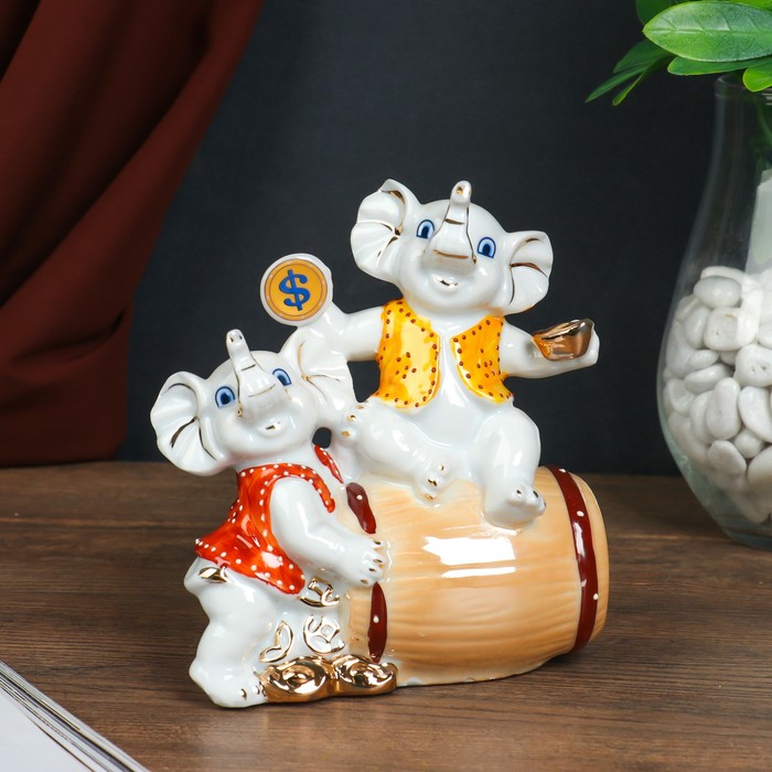 Сувенир нэцке керамика "Слонята на бочке с монетами" 13х11х6 см