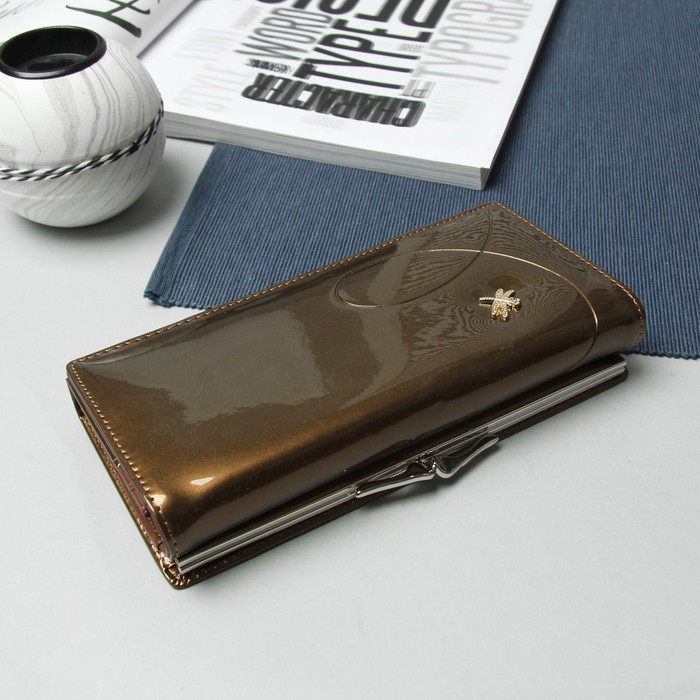 Кошелёк женский "Стрекоза", отделение на рамке, 4 отдела, отдел для карт, на магните, цвет кофе