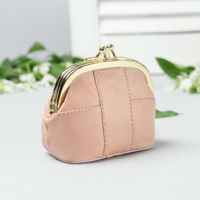 Косметичка-фермуар, натуральная кожа, 2 отдел на фермуаре, цвет пудра