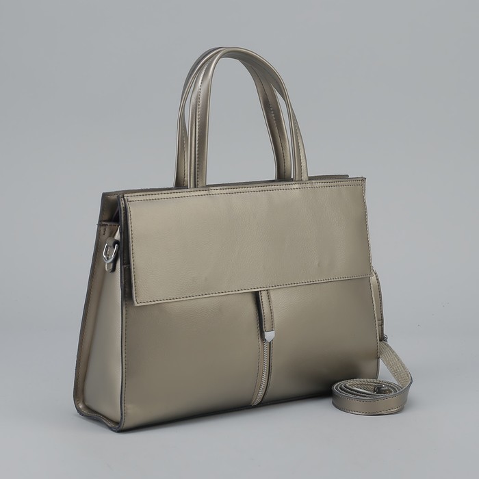 Сумка женская, отдел с перегородкой на молнии, 3 наружных кармана, длинный ремень, цвет серебристый