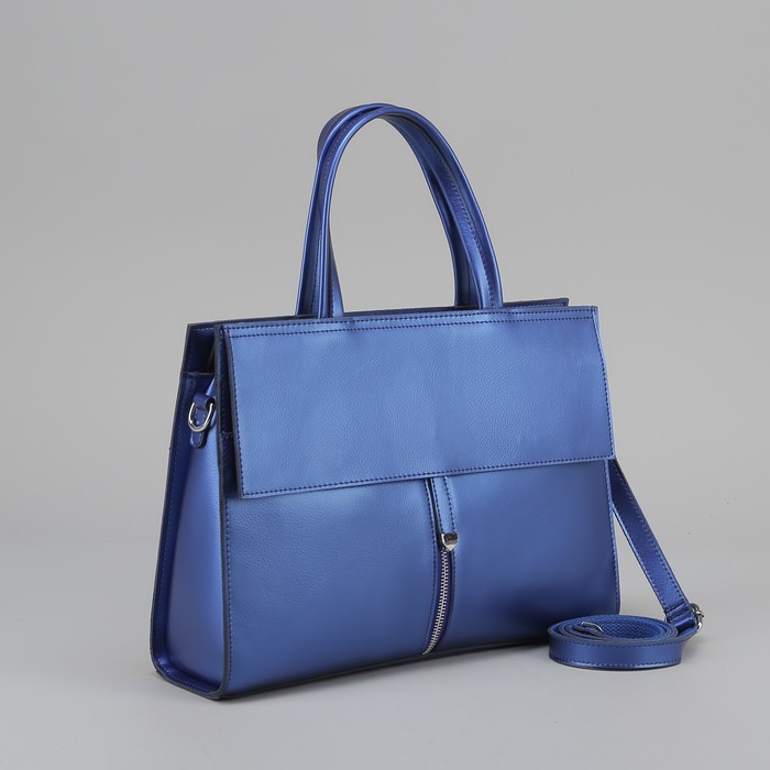 Сумка женская, отдел с перегородкой на молнии, 3 наружных кармана, длинный ремень, цвет синий перламутровый