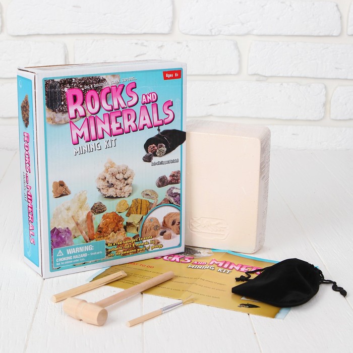 Набор геолога серия "Камни и минералы" + молоток, долото, кисть, лупа