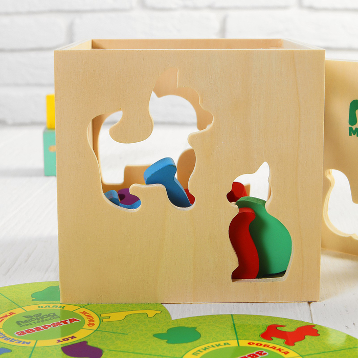 Сортер-бизикуб деревянный "Зверята" ( 10 деталей)