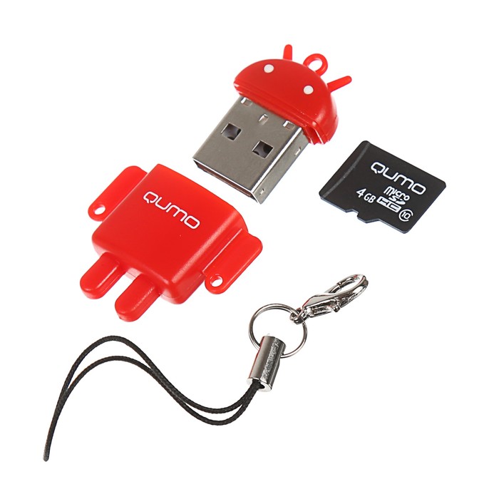 Карта памяти Qumo Fundroid MicroSD 3в1 4Гб Class 10 + USB картридер, красный