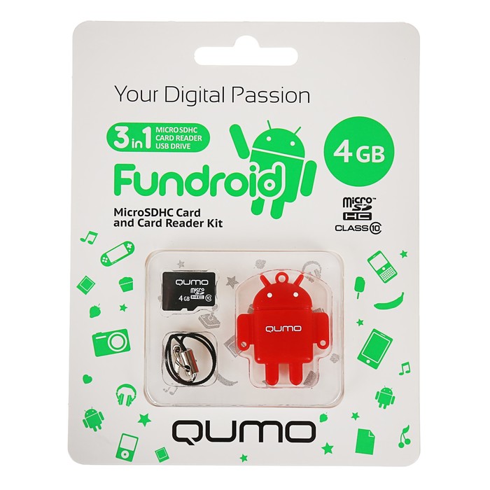 Карта памяти Qumo Fundroid MicroSD 3в1 4Гб Class 10 + USB картридер, красный