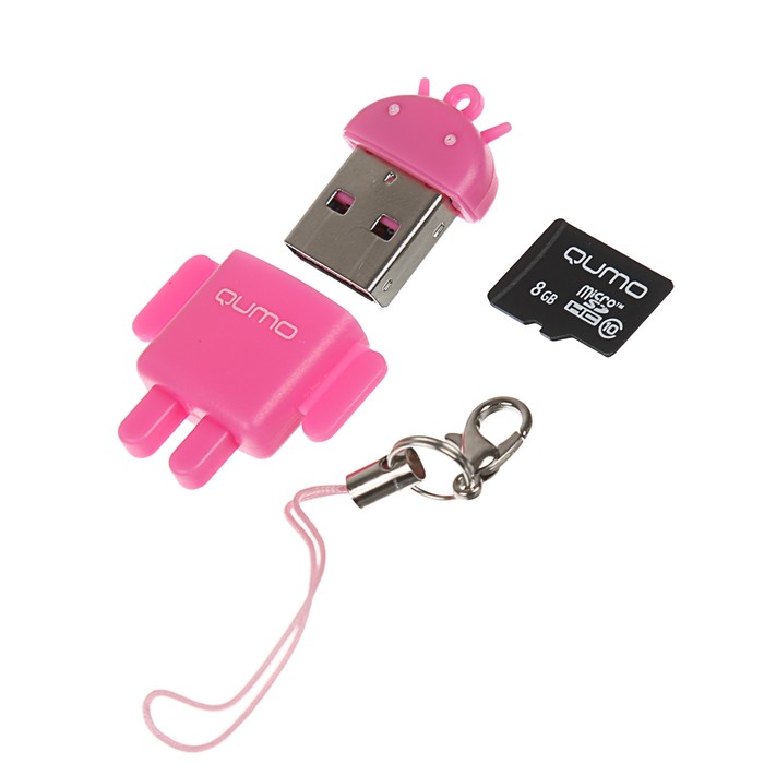 Карта памяти Qumo Fundroid MicroSD 3в1 8Гб Class 10 + USB картридер, розовый