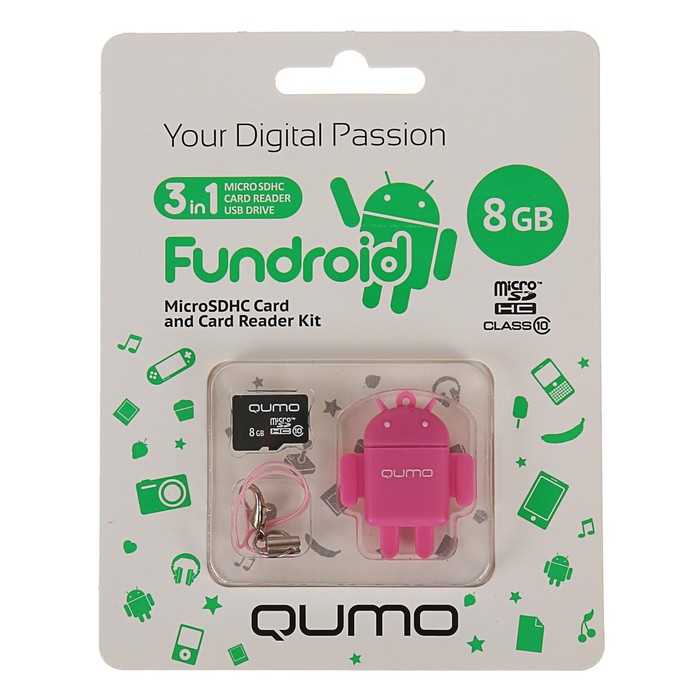 Карта памяти Qumo Fundroid MicroSD 3в1 8Гб Class 10 + USB картридер, розовый