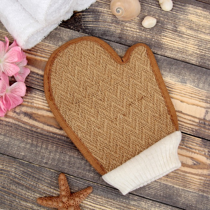 Мочалка-варежка натуральная, лён, 17×21см