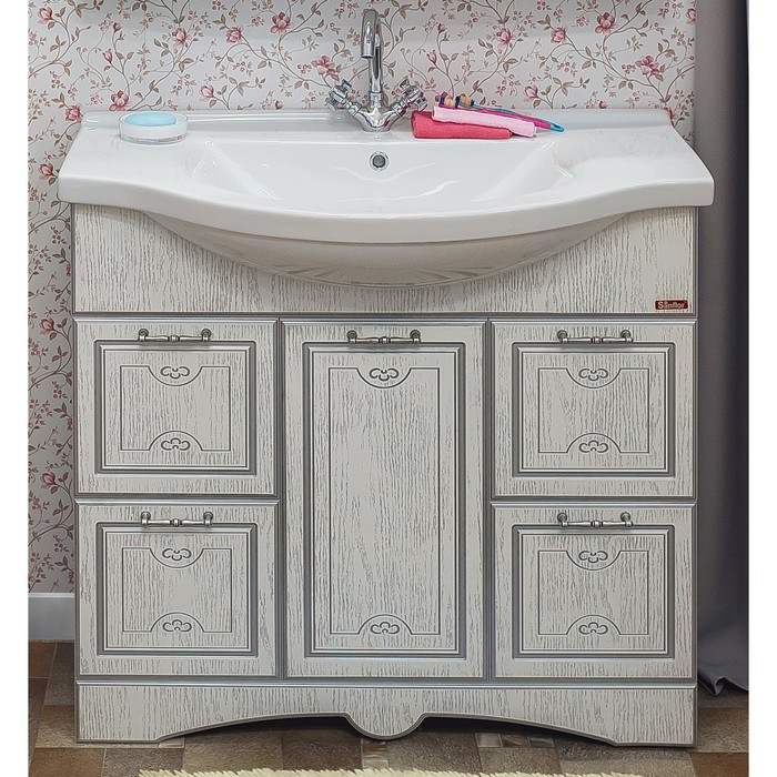 Тумба Адель 100 белый/патина серебро с раковиной Эльбрус 100