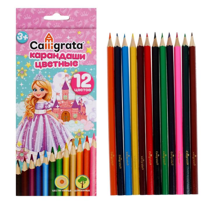 Карандаши цветные 12 цветов Принцесса, корпус деревянный, шестигранный карандаши цветные для малышей набор 8 цветов maxi jumbo mattel fisher price деревянный корпус картонная упаковка