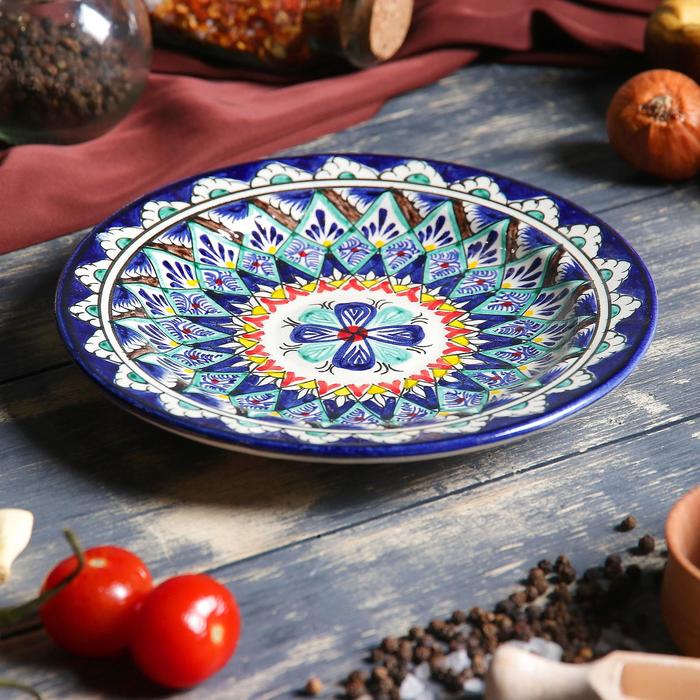 Тарелка Риштанская Керамика Цветы, синяя, плоская, 17 см, микс