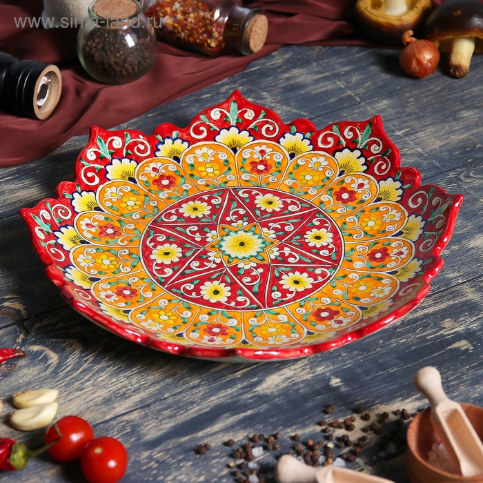 Ляган Риштанская Керамика Цветы, 32 см, красный, рифлённый
