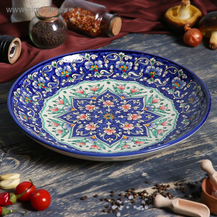 Ляган Риштанская Керамика Цветы, 32 см, синий
