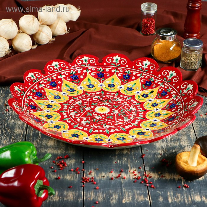 Ляган Риштанская Керамика Цветы, 42 см, красный, рифлённый