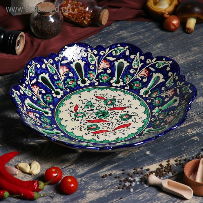 Фруктовница Риштанская Керамика Цветы, 33 см, синяя фруктовница риштанская керамика цветы 26 см красная
