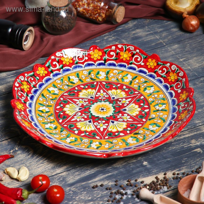 Ляган Риштанская Керамика Цветы, 32 см, красный, рифлённый