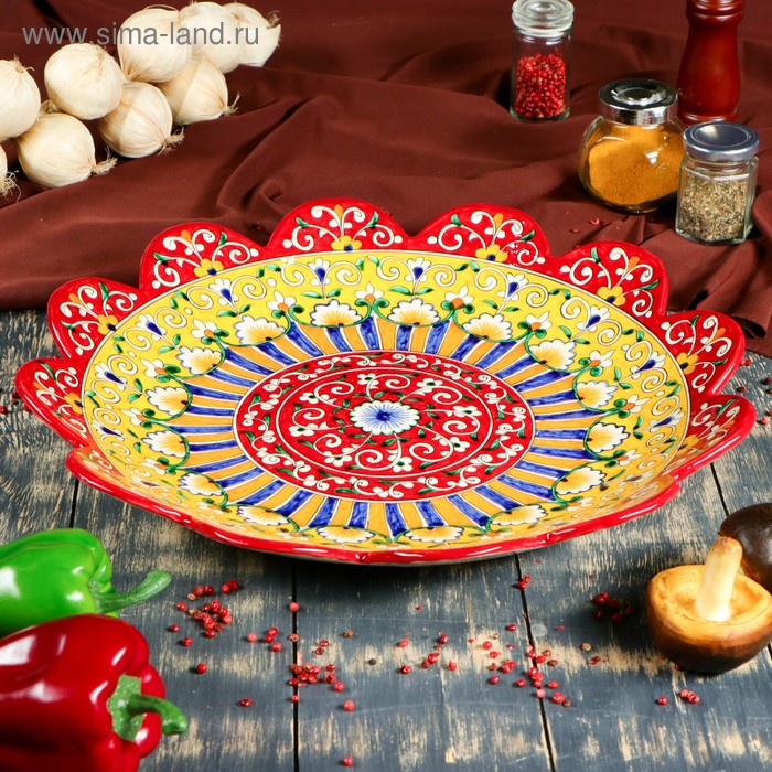 Ляган Риштанская Керамика Цветы, 42 см, красный, рифлённый