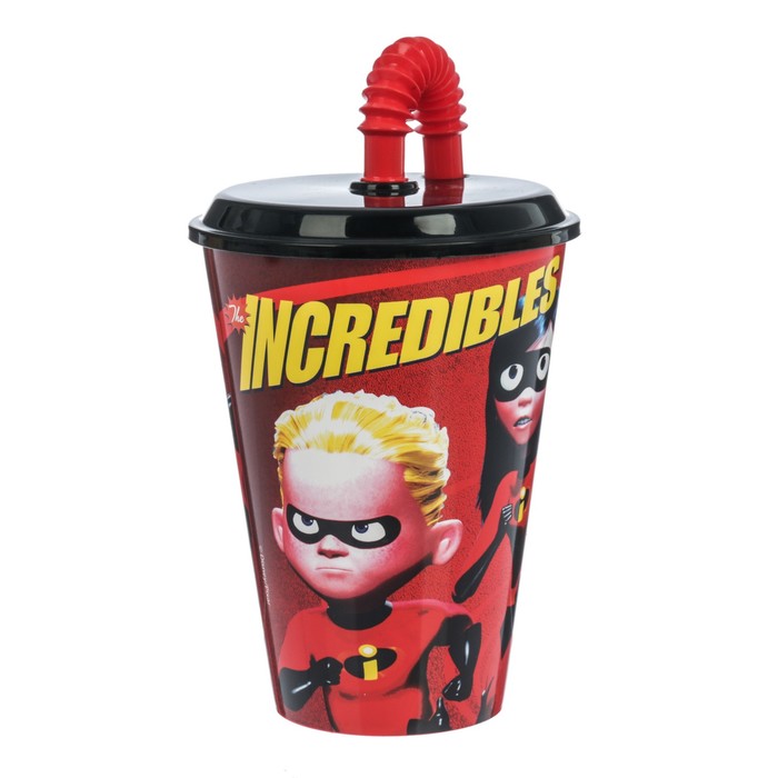 Стакан 430 мл "Суперсемейка", с соломинкой и крышкой